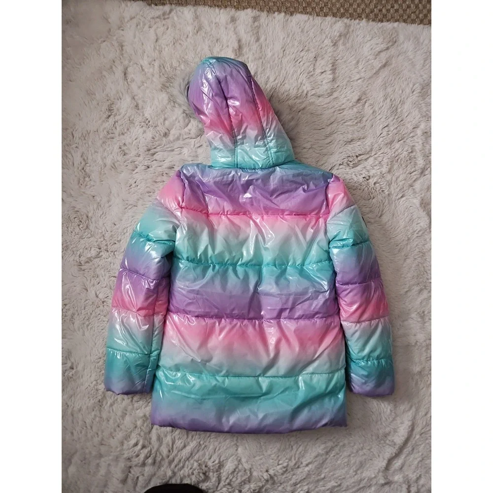 Justice Girls Ombre Metallic Puffer Jacket with Removable Faux Fur Hood